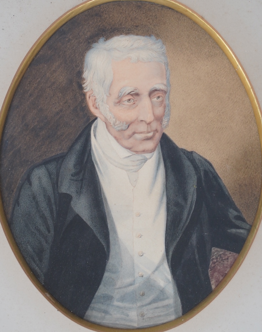 19th century English School, pair of oval watercolours, Portraits of Duke of Wellington and Napoleon Bonaparte, 21 x 16.5cm, gilt framed. Condition - fair, some discolouration and spots of foxing